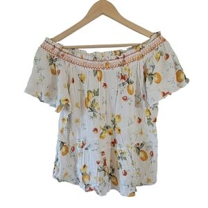 Maurices Womens Y2K Lemon Fruits Off Shoulder Cropped Top Sz M Cottagecore Boho